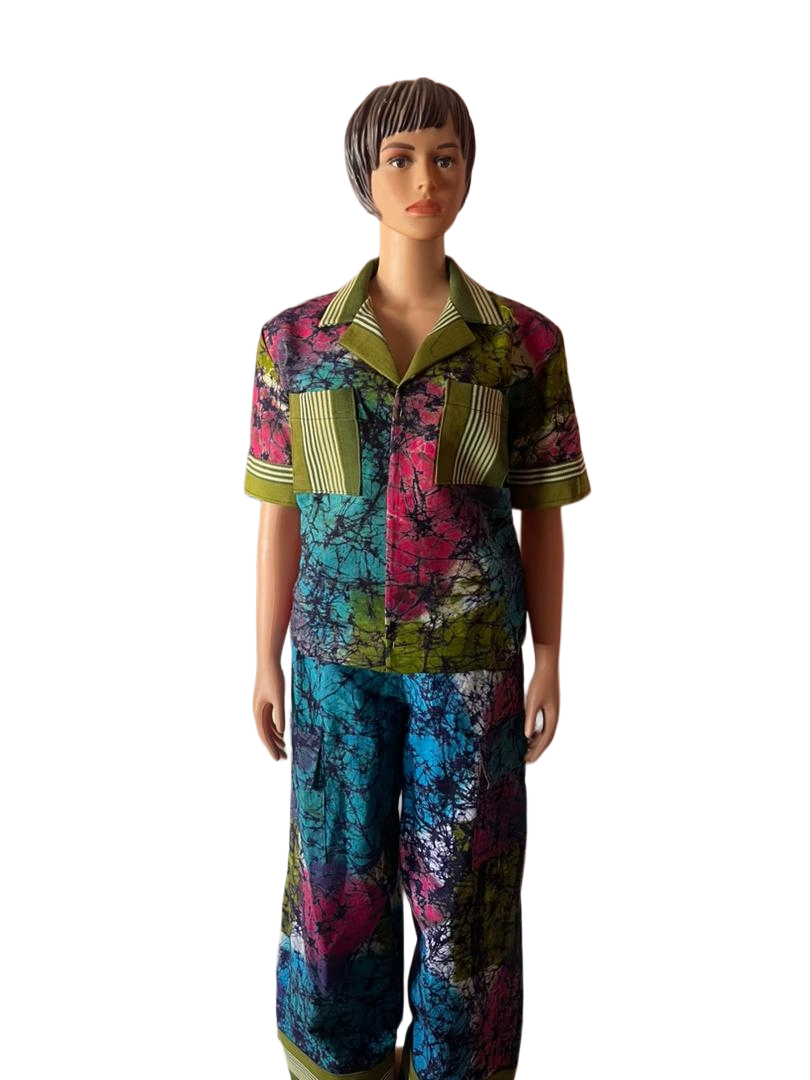 African print maxi female shirt and trouser - Blue / Pink splutter