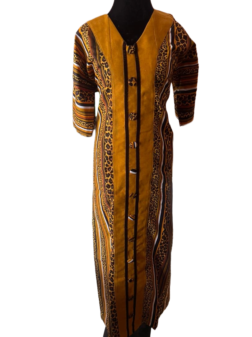 African Print Yellow-Brown Dotted Patterns Dress