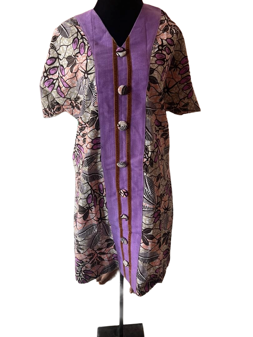 African Print Ankara Dress - Peach & Purple Leaf Pattern Design