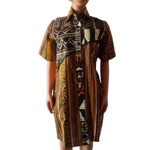 African Print Dress - Black & Yellow-brown Kuba Blocks Congo
