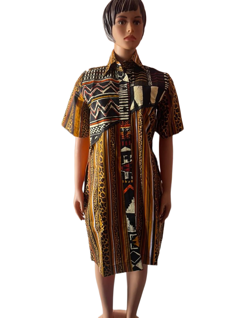 African Print Dress - Black & Yellow-brown Kuba Blocks Congo