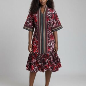 Crimson Geometric Adire Ruffle Fabric