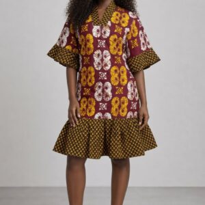 African Burgundy Adire Floral / Ruffle Trim Fabric