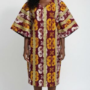 Burgundy Floral Adire Stripe Fabric